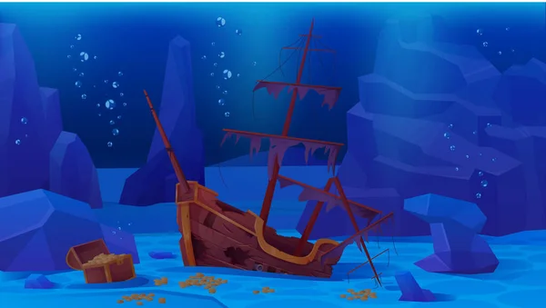 Sunken Pirate Ship Sea Ocean Bottom Vector Illustration Cartoon Deep — Stock Vector