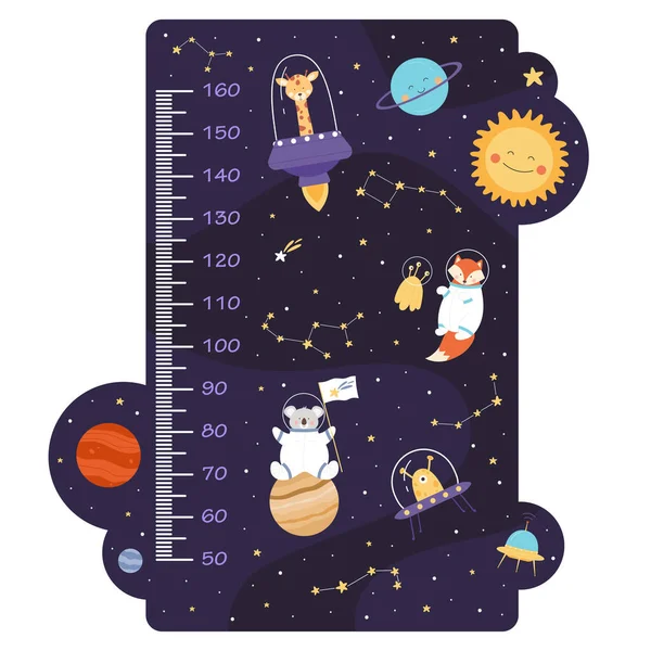 stock vector Kids height chart with cute space animals vector illustration. Cartoon funny koala, fox and giraffe astronauts flying with spaceship among planets and stars on kindergarden wall ruler with scales