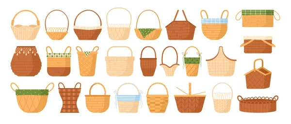 Basket Set Illustrazione Vettoriale Cartone Animato Isolato Legno Bambù Paglia — Vettoriale Stock