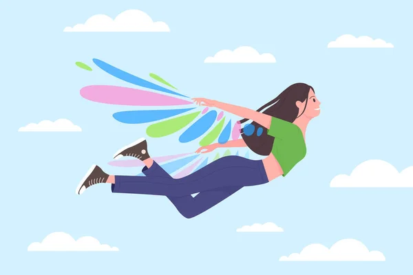 快乐的女孩在蔚蓝的天空中展翅飞翔 带着云雾矢量图解 卡通可爱的自由青少年像鸟儿一样梦想着自由和飞行 白日梦和灵感概念 — 图库矢量图片