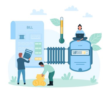 Payment for utility bills for heating vector illustration. Cartoon tiny people hold calculator and money to calculate and pay for home heating service, control calorimeter with readings and heater clipart