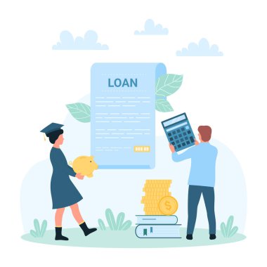 Eğitim ve burs vektör illüstrasyonunda. Hesap makinesi, para ve mezuniyet kepi olan küçük çizgi film öğrencileri için mali giderleri ve öğrenim giderlerini hesaplar, bilgiye yatırım yapar.