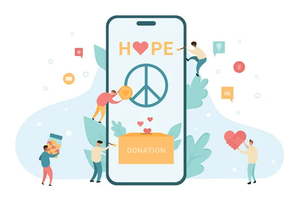 世界共同体の統一国民 心とお金を保持する小さなボランティア 寄付と一緒に携帯アプリで助けを与える寄付のコンセプトベクトルイラスト — ストックベクタ