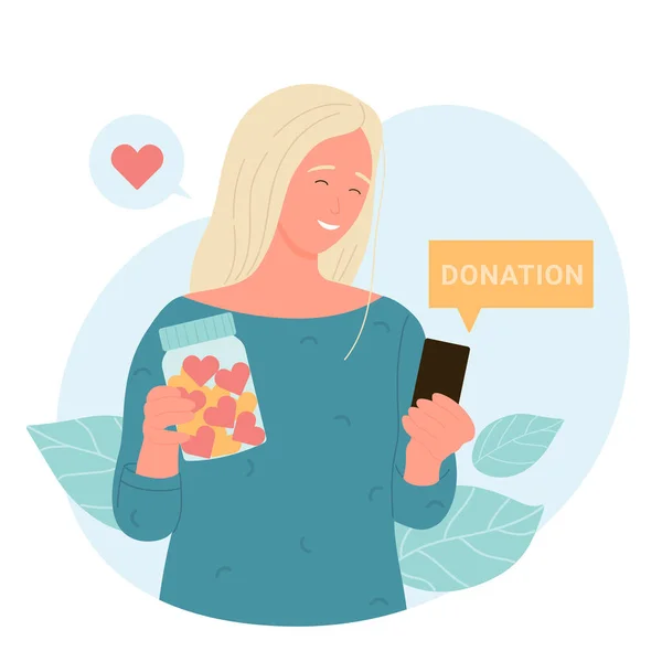 Женщина Держит Банку Сердцем Мобильный Телефон Концепцией Приложения Пожертвований Волонтер — стоковый вектор