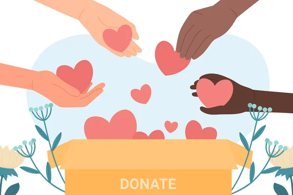 手を寄付し 助ける 人々は寄付ボックスフラットベクトルイラストに心を与えます 希望連帯難民のための援助の概念 — ストックベクタ