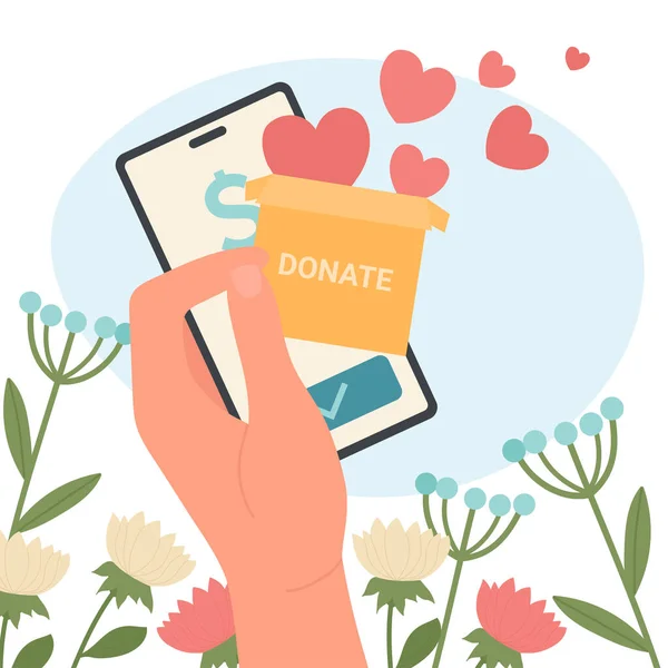 ボランティアは寄付モバイルアプリで携帯電話を手にする 資金を提供するためにスマートフォンを保持する人フラットベクトルイラスト 支援と連帯の概念 — ストックベクタ