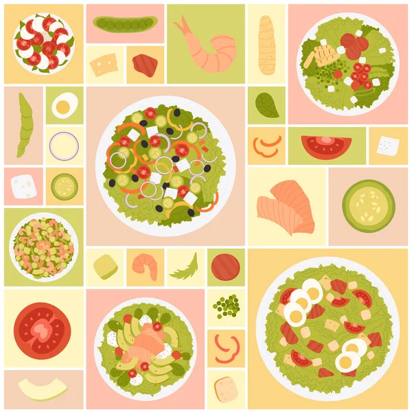 Ensalada Set Vector Ilustración Vista Superior Aislada Dibujos Animados Alimentos — Vector de stock