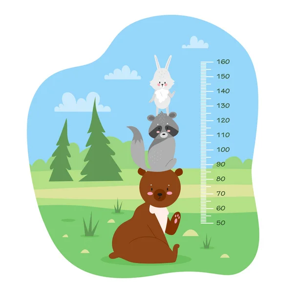 stock vector Kids height chart, ruler with millimeter scale to measure growth of child vector illustration. Cartoon funny tower of raccoon, rabbit and bear sitting on green summer meadow, in cute landscape