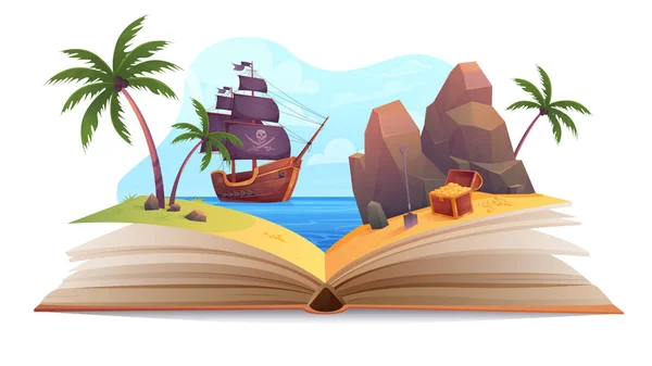 Cartoon Fairytale World Paper Pages Reading Corsair Boat Sailing Treasure — Stock Vector
