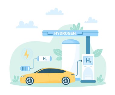 Yakıt hücresi aracı, H2 istasyonunun şeması araba aküsü çizimini yüklemek için. Yeşil hidrojen motorlu karikatür eko taşımacılığı, sıfır emisyon otomotiv teknolojisi, sürdürülebilir enerji santrali