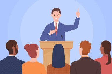 Seyirci temsilcisi önünde kendine güvenen bir liderin halk önünde konuşması. Karikatür erkek konuşmacısı, konuşmak için mikrofonla podyumda duran takım elbiseli politikacılara sesleniyor.
