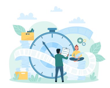 Ofis bürokrasisi ve evrak işleri, belgesel yönetim vektör illüstrasyonu. Çizgi film meşgul küçük insanlar uzun bir kontrat veya iş belgesi, büyük zamanlayıcı ve pano listesi ile çalışır