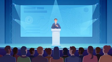 Public speech of scientist at science conference or symposium vector illustration. Cartoon confident speaker standing at podium on stage to explain to audience scientific presentation on screen clipart