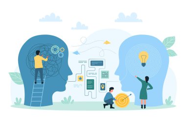 Psikoloji, iyileşme bozukluğu, vektör çizimi. Çizgi filmdeki küçük insanlar karmakarışık ipliği çözüyor ve insan kafasının içinde karmaşa yaratıyor, destekliyor ve beyindeki ampulü çözüyor.