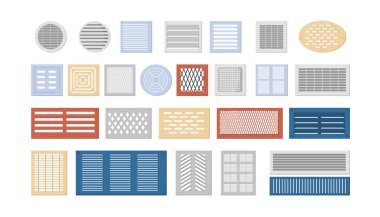 Ventilation shutters set vector illustration. Cartoon isolated metal and plastic lattice hole, domestic vent covers of different shapes and types with louver and grate for home kitchen and bathroom clipart
