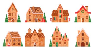 Zencefilli kurabiye evleri vektör illüstrasyonunu ayarlar. Karikatür, zencefilli kurabiye ve tebrik kartı için tatlı şeker koleksiyonu şeker kremalı ve çikolatalı kır evleri.