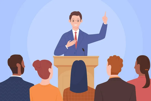 Öffentliche Rede Eines Selbstbewussten Führungspersonals Vor Publikum Zeichentrick Männliche Sprecherfigur — Stockvektor
