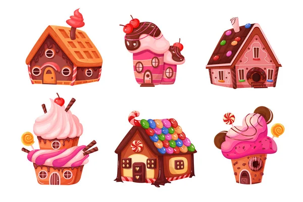 Candy Σπίτια Που Διανυσματική Απεικόνιση Κινούμενα Σχέδια Απομονωμένη Συλλογή Σνακ — Διανυσματικό Αρχείο
