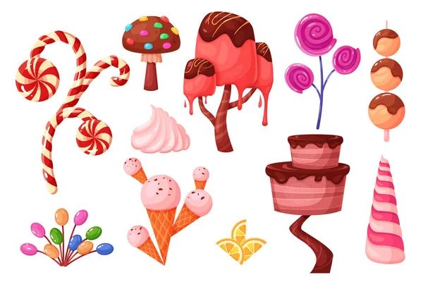 Fantasie Bonbonpflanzen Setzen Vektor Illustration Karikatur Isolierte Süßwarenkollektion Mit Bäumen — Stockvektor