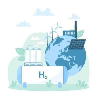 Yeşil hidrojen üretimi ve depolama, sıfır emisyon vektör illüstrasyonu için yenilenebilir enerji teknolojisi. Dünya gezegenine elektrik üretmek için karikatür enerji santrali, eko güneş paneli ve yel değirmeni.