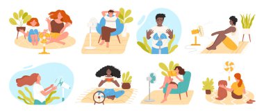 İnsanlar yaz sıcaklığı vektör illüstrasyonunda temiz hava vantilatörünün tadını çıkarıyorlar. Çizgi film karakterleri yerde ya da koltukta hava üfleyicisinin önünde oturmuş kitap okuyor, karpuz yiyorlar.