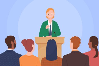 Karikatür kadın konuşmacısı kalabalığa sesleniyor, takım elbiseli politikacı mikrofonla podyumda duruyor. Seyirci önünde konuşan kendine güvenen kadın lider.