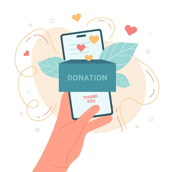 Mano Celebración Teléfono Móvil Con Caja Donación Ilustración Concepto Caridad — Vector de stock