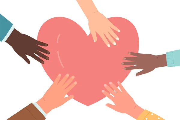 Des Mains Gens Donnent Aident Les Bénévoles Donnent Des Cœurs — Image vectorielle