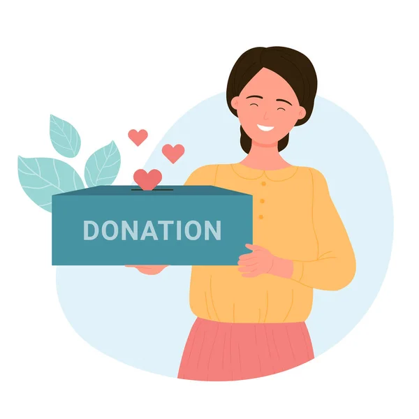慈善団体の箱を持ってる女性 人々は地球規模の地域社会の概念からの寄付 人道支援 — ストックベクタ