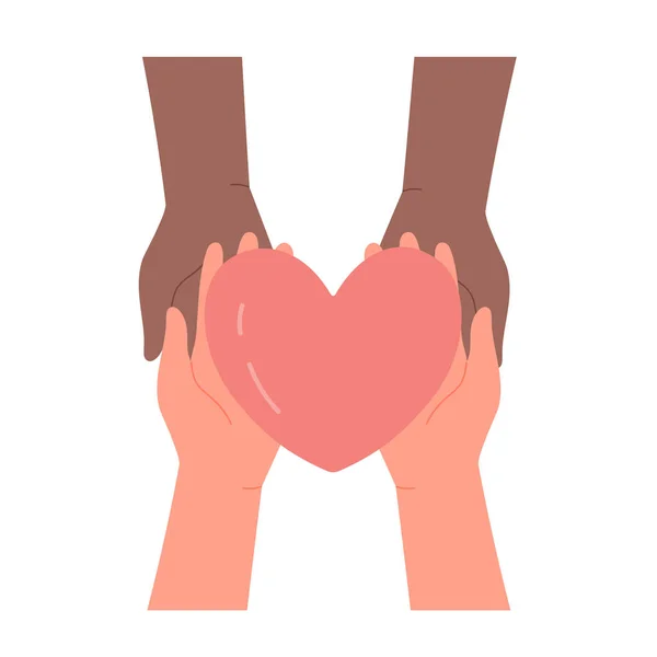 Благодійна Концепція Руки Тримають Серце Разом Волонтери Які Надають Підтримку — стоковий вектор