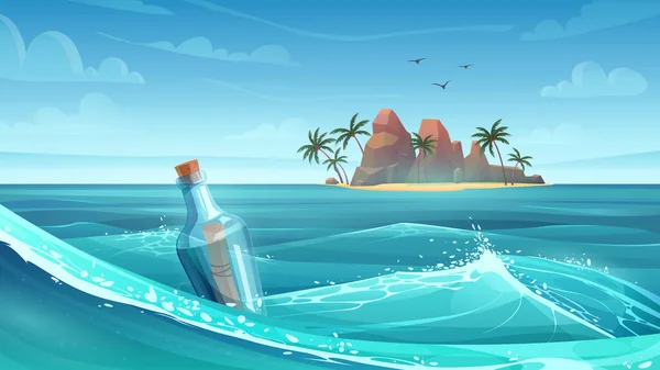 Tropická Mořská Krajina Skleněnou Láhví Plovoucí Neobydlené Ostrovní Vektorové Ilustrace — Stockový vektor