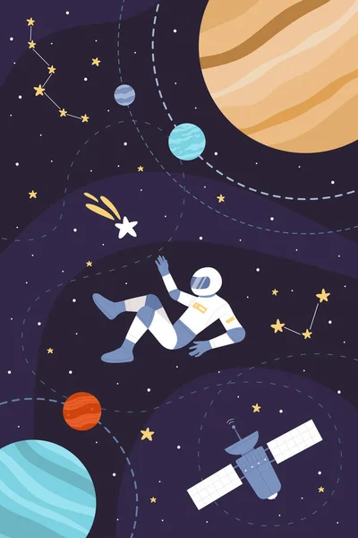 Space Explorers Travel Vertical Concept Vector Illustration Cartoon Astronaut Flying — Stock Vector