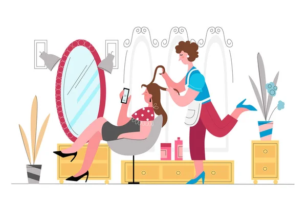 头发治疗预约 女性奢侈的生活方式 桃子背景的女性卡通人物 美发沙龙平面矢量插图 美容院发型师正在理发 — 图库矢量图片