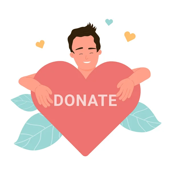 寄付の言葉で大きな心を抱く男 ボランティアフラットベクトルイラストの支援 人道支援 — ストックベクタ