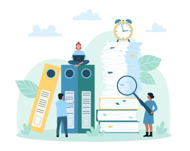 Çizgi filmlerdeki küçük insanlar evrak işleri, raporlar ve faturalar arasında çalışırlar. Bilgi listesindeki seçenekleri işaretlemek için elinde kalem tutarlar. Ofis bürokrasisi, kontrol listesi yönetim vektör illüstrasyonu
