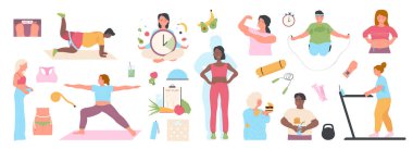 Kilo kaybı vektör çizimi. Çizgi filmdeki izole edilmiş kızlar vücut ölçülerini bant ve kütle ile ölçerler, beslenme düzenini diyet planıyla kontrol ederler, spor öncesi ve sonrası kadın dönüşümü.