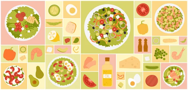 健康食品 サラダプレートや食材 新鮮な野菜やエビ トレンディーな幾何学的なデザインの背景にサーモンアボカドスライスの漫画の隔離されたトップビュー サラダスクエアセットベクトルイラスト — ストックベクタ