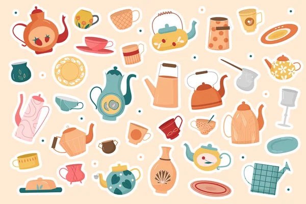 Мультфильм Милый Цветной Стекла Керамической Посуды Различным Рисунком Посуда Чайной — стоковый вектор