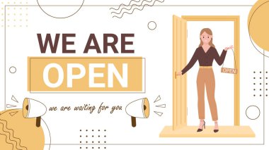 Biz açık afiş şablon vektör illüstrasyonuyuz. Çizgi film kadın müşterileri için mağaza ya da kafe kapısını elinde tabela açık, çizgi geometrik tasarım ile küçük işletme posterini yeniden ve yeniden açıyor