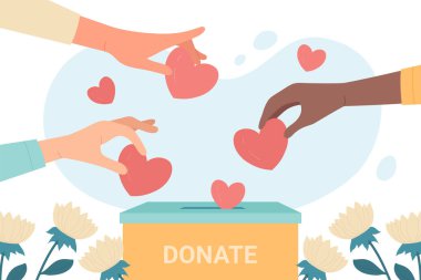 Hands of people donate. Volunteers give hearts to donation box flat vector illustration. Hope, solidarity, aid for refugees concept clipart