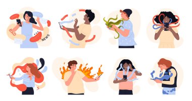 Kıyamet çizimi vektör illüstrasyonu. Karikatür, sosyal medyada kötü haber yayan üzgün erkek ve kadın karakterleri izole ediyor. Panik içindeki erkek ve kadın ve kadın, internette bir sürü olumsuz haber okumaktan korkuyor.
