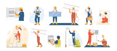 Elektrikçilerin çalışmaları vektör illüstrasyonunu belirledi. Karikatür, bakım ve onarım teknisyenleri elektrik şehir sistemini tamir eder, profesyonel cihazlar, kablolar, güneş paneli ile çalışan tamirci