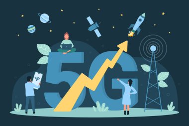 Çizgi filmlerdeki küçük insanlar, 5G kelimesinin yanındaki şehir antenine kablosuz geniş bant bağlantısı için mobil cihazlar ve dizüstü bilgisayar kullanıyorlar. Yüksek hızlı internet, ağ teknolojisi ve iletişim karanlık kavramı