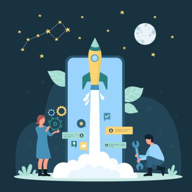 Çizgi filmlerdeki küçük insanlar ekrandan hızlı roket fırlatıyorlar, başlangıç fikirlerini güçlendiriyorlar ve projelerini piyasaya sürüyorlar. Akıllı telefon uygulama vektörü karanlık konseptinin mobil uygulama başlatılması ve geliştirilmesi