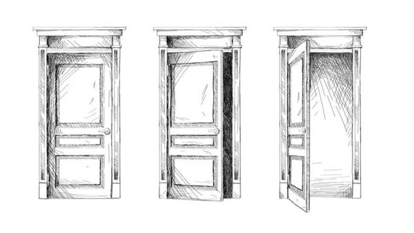 半开和关闭的门 黑线草图集矢量图解 手绘风格的住宅或办公室入口 带有木门 门把手和门道的素描墙的概貌 — 图库矢量图片