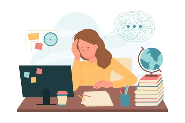Difficulty Learning Work Vector Illustration Cartoon Sad Tired Girl Sitting — Stock Vector
