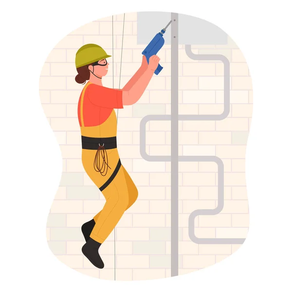 Bauarbeiter Der Einem Seil Mit Bohrvektorillustration Hängt Karikatur Isolierte Szene — Stockvektor