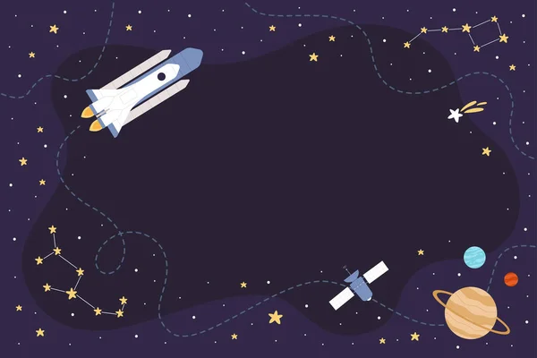 Cartoon Spaceship Flying Night Sky Explore Galaxy Route Line Blue — Stock Vector