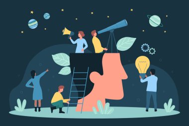 Çizgi filmlerdeki küçük insanlar, insan soyut iş adamının kafasının içinde teleskopla geleceğe bakıyorlar, ellerinde ampul tutuyorlar, fikirleri buluyorlar. Yaratıcı iş anlayışı karanlık vektör illüstrasyonu