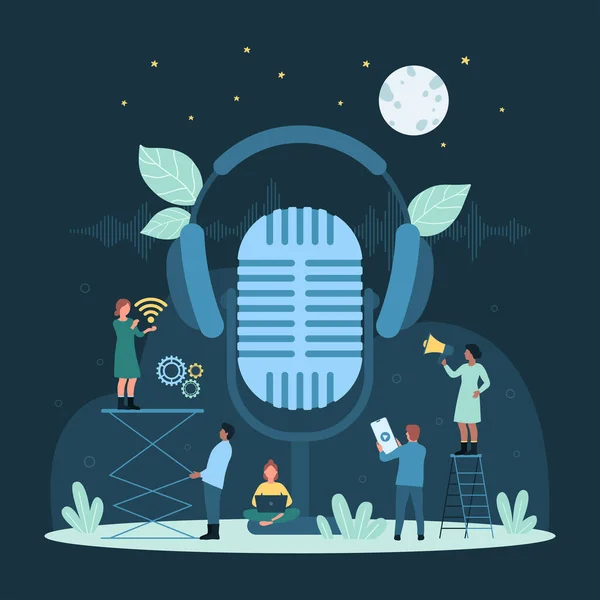 Κινούμενα Σχέδια Μικροσκοπικά Άτομα Ηχογραφούν Ήχο Μεγάλο Μικρόφωνο Ακούσετε Φωνητικά — Διανυσματικό Αρχείο